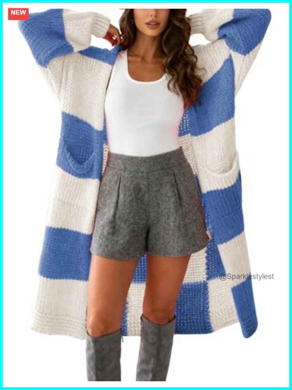 Checkered Cardigan Sweater Color Block Open Front Long Plaid Chunky Knit with